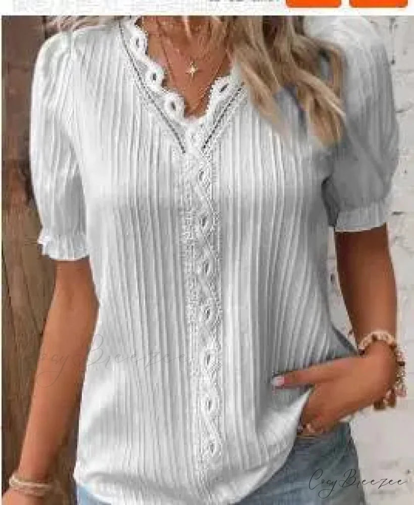 Plain Seductive V-neck Spliced Short Sleeve Blouse Light Grey / S blouse-250126