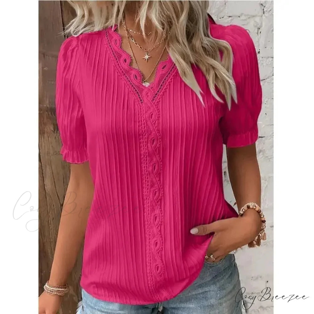 Plain Seductive V-neck Spliced Short Sleeve Blouse Rose Red / S blouse-250126