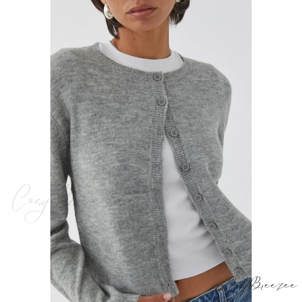 Plain Vintage Round Neck Button Cardigan Light Grey / S cardigans-241228
