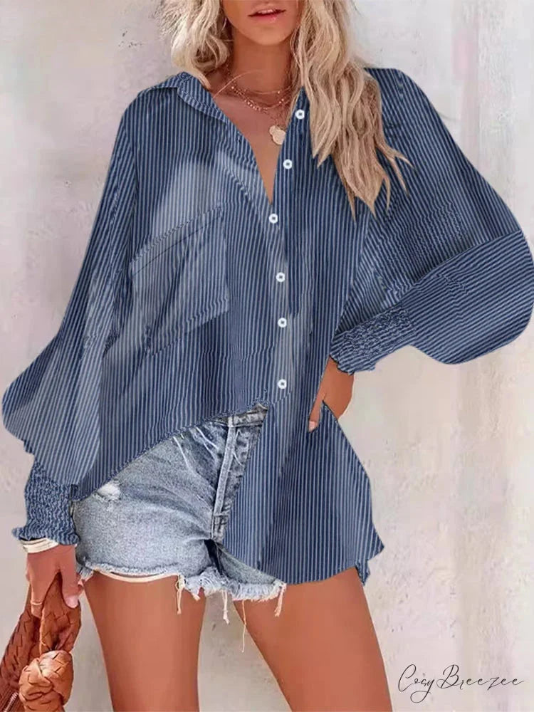 Pleated Collar Puffy Sleeve Stylish Blouse Dark Blue / S blouse-250126