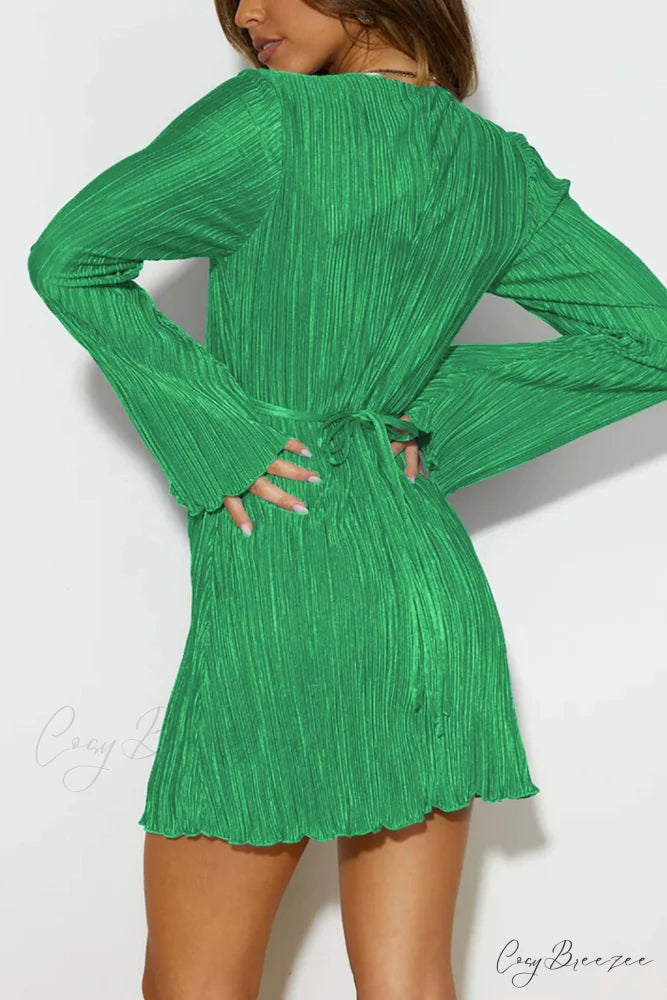 Pleated Flares Sleeve Mini Dress with Tie-up Green / XL