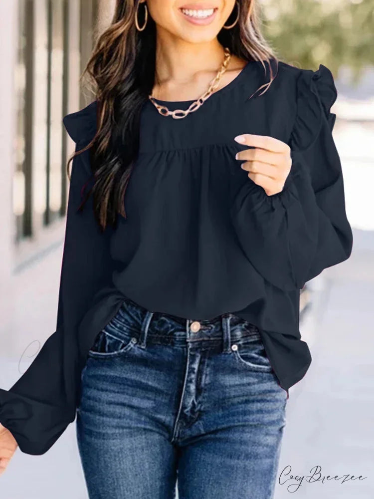 Pleated Front Puffy Sleeve Chic Blouse Dark Blue / S blouse-250126