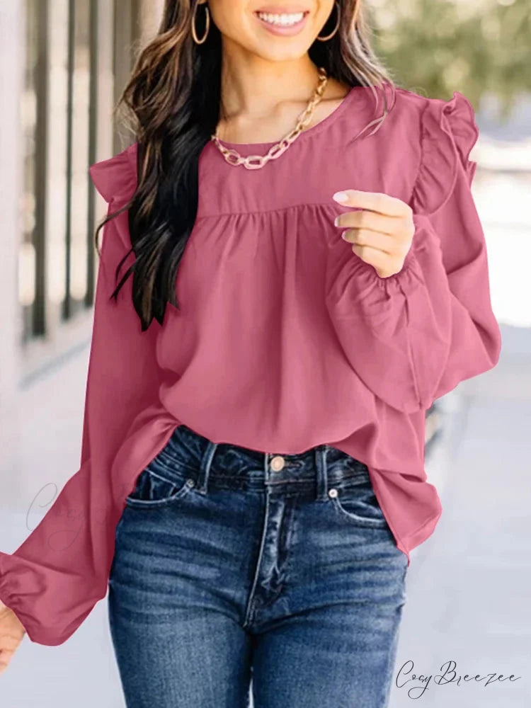 Pleated Front Puffy Sleeve Chic Blouse Pink / S blouse-250126