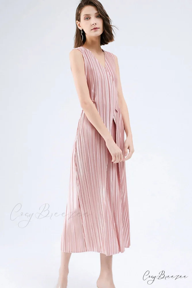 Pleated Glossy Tie-Strap Dress