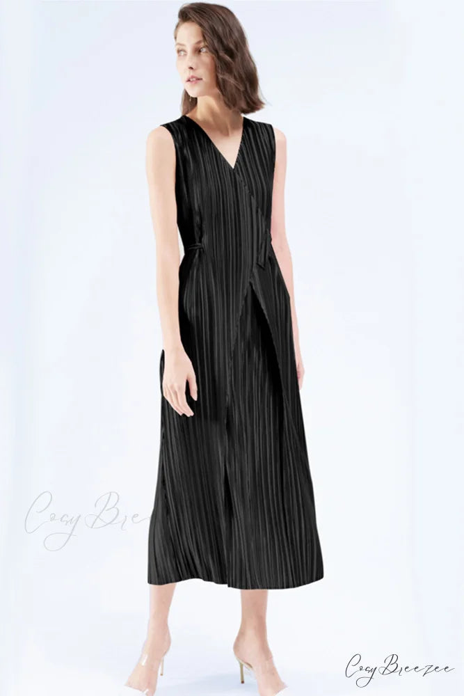 Pleated Glossy Tie-Strap Dress