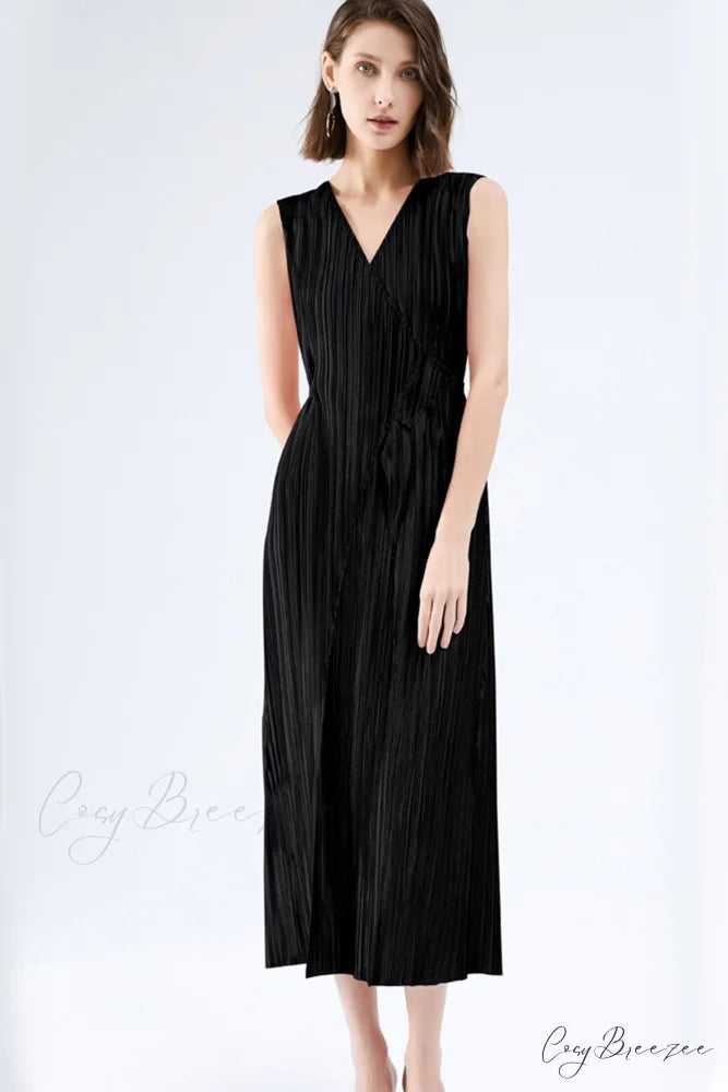 Pleated Glossy Tie-Strap Dress Black / One Size