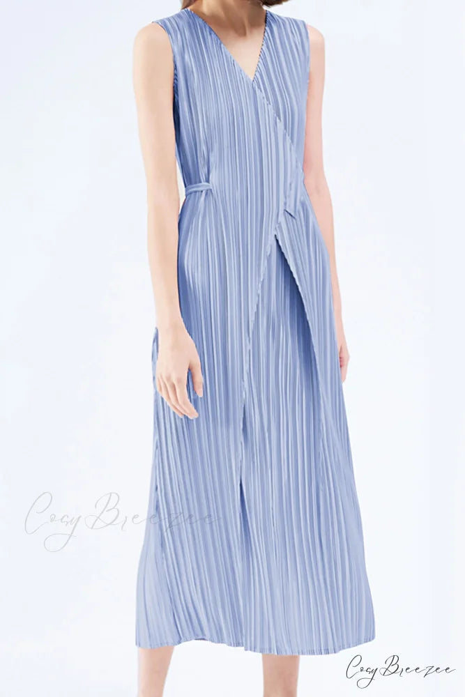 Pleated Glossy Tie-Strap Dress Blue / One Size
