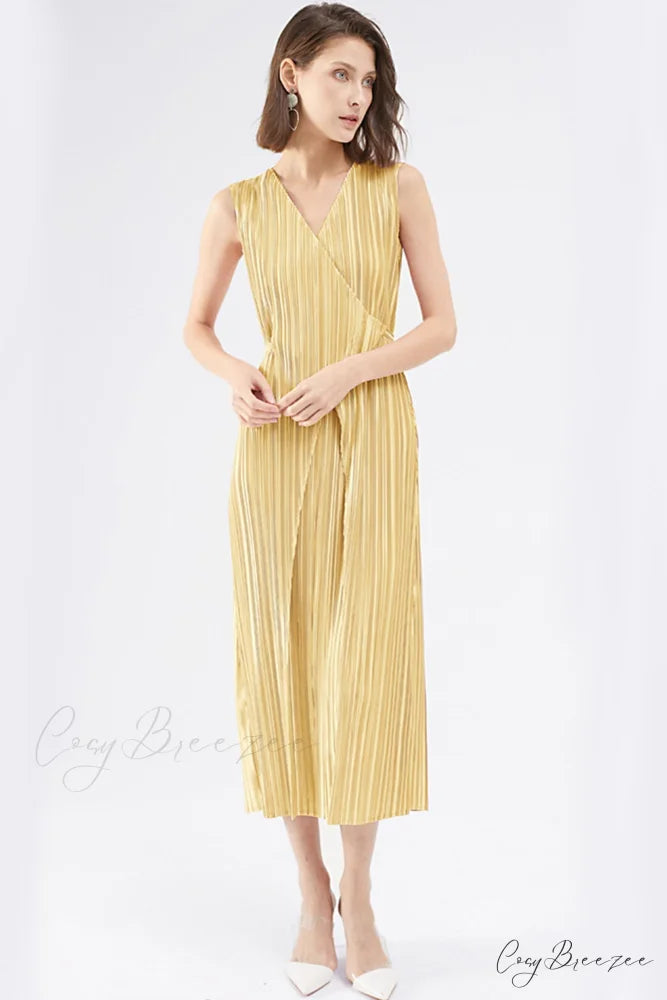 Pleated Glossy Tie-Strap Dress Yellow / One Size