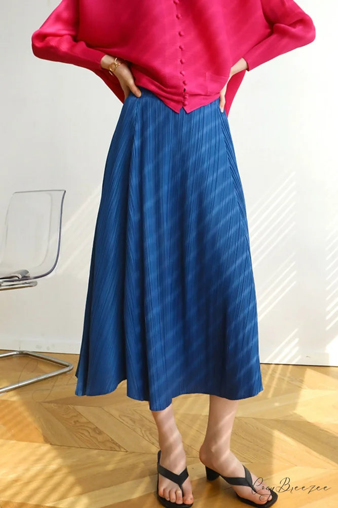 Pleated High Waist Skirt - Solid Color Blue / One Size