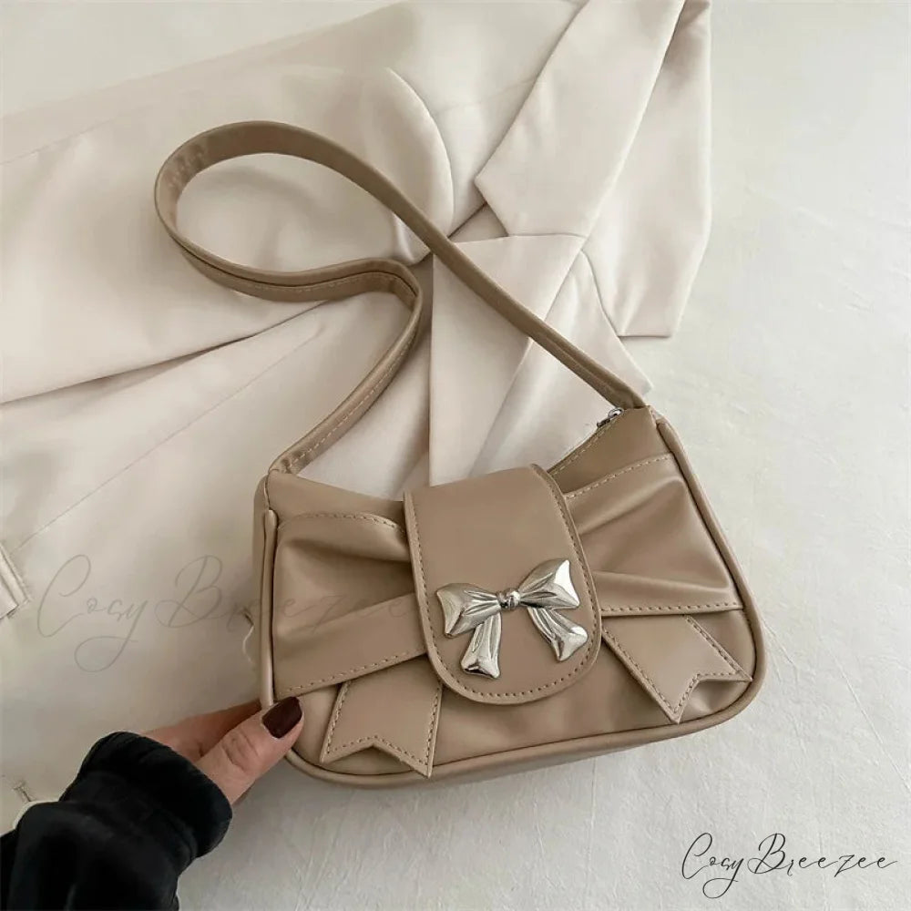 Pleated Korean Bow Shoulder Bag for Women Khaki shoulder-250126