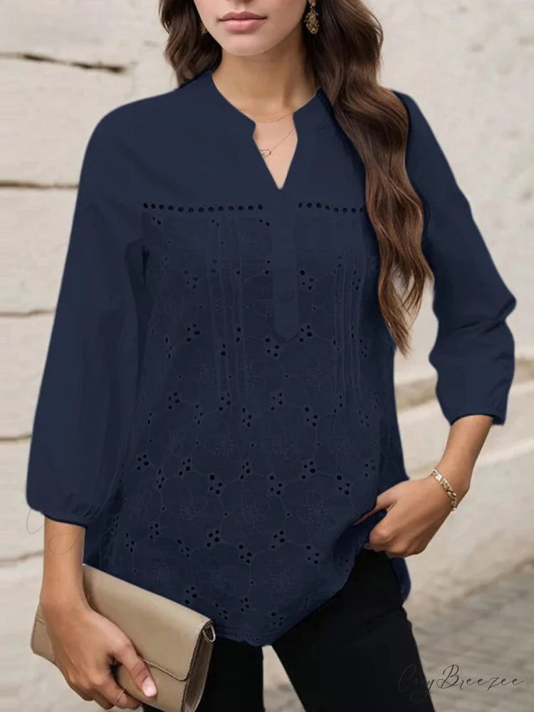 Pleated Lace Insert V-neck Three-quarter Sleeve Blouse Dark Blue / S blouse-250126