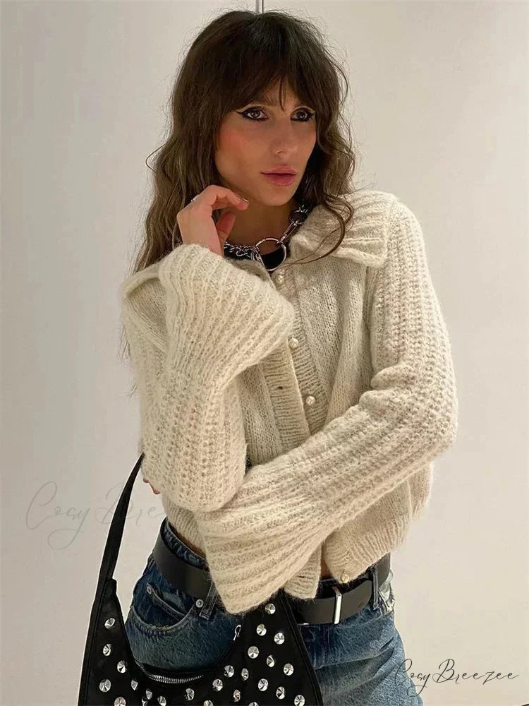 Pleated Lapel Patchwork Y2K Cardigan cardigans-241228