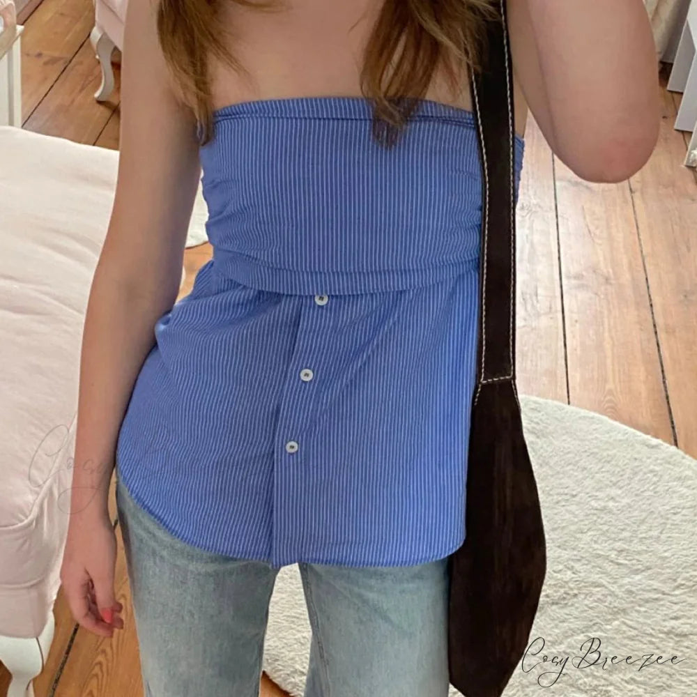Pleated Strapless Blouse Crop Top Blue / S croptop-250223