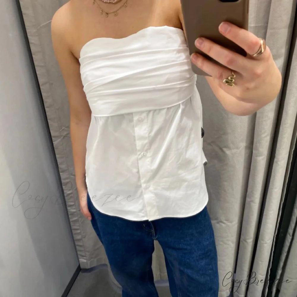 Pleated Strapless Blouse Crop Top croptop-250223