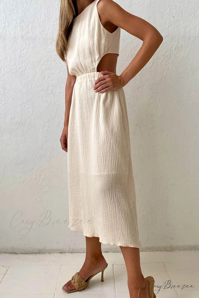 Pleated Tank Dress with Single-breasted Closure and Bare Waist Apricot / M