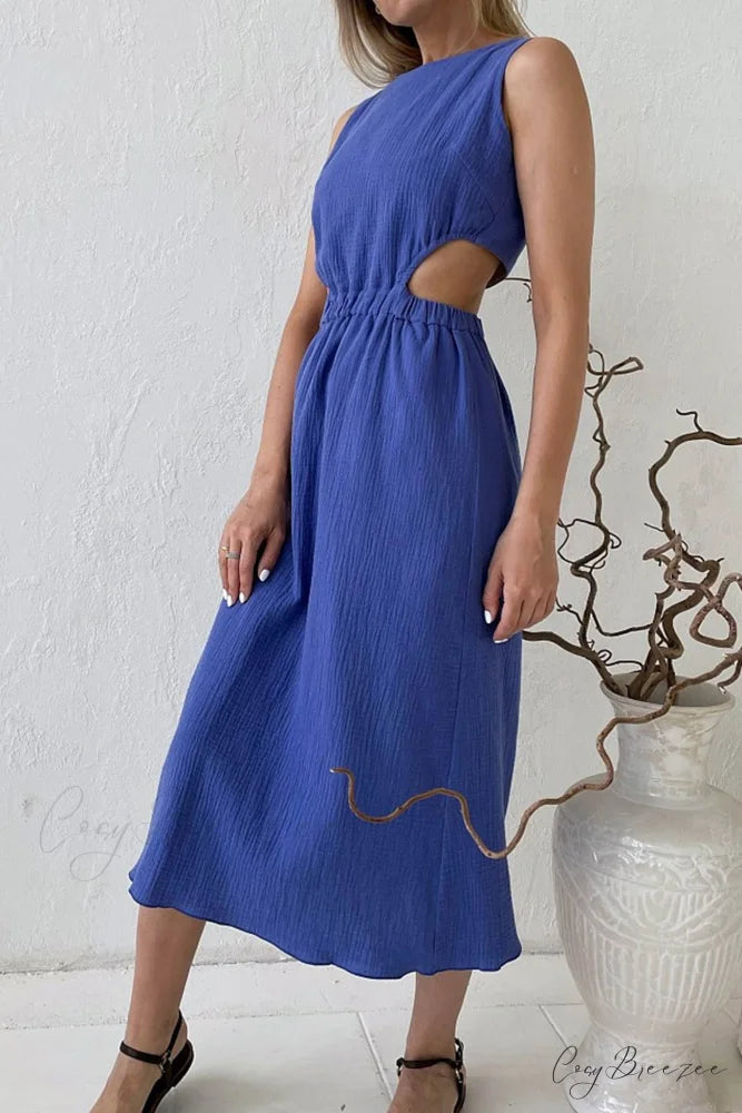 Pleated Tank Dress with Single-breasted Closure and Bare Waist Blue / L