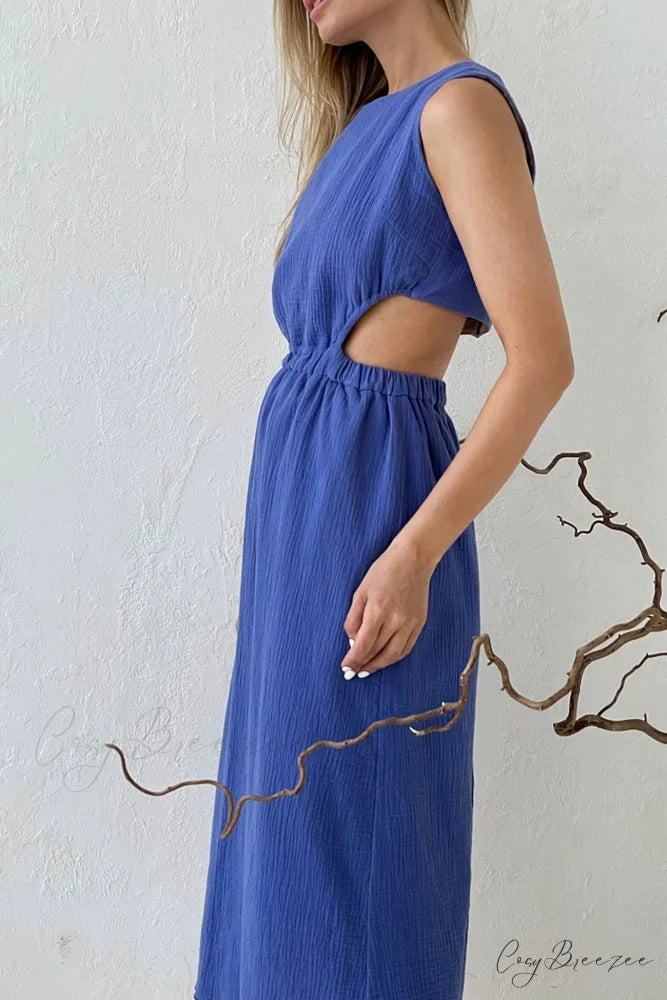Pleated Tank Dress with Single-breasted Closure and Bare Waist Blue / S