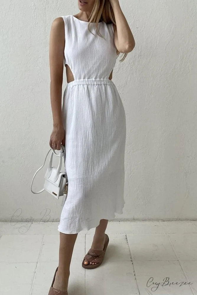 Pleated Tank Dress with Single-breasted Closure and Bare Waist White / L