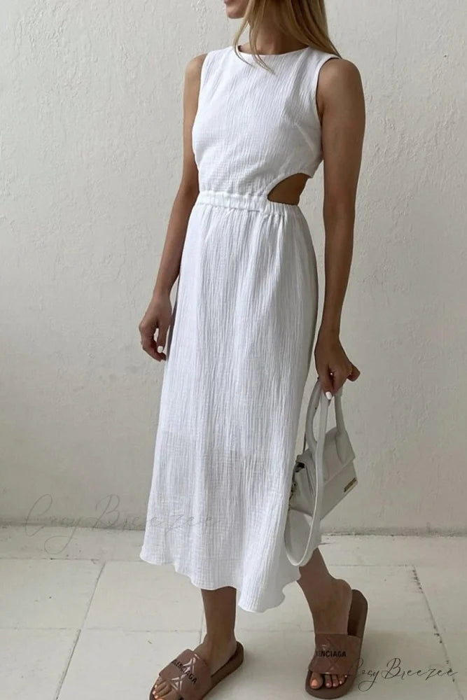 Pleated Tank Dress with Single-breasted Closure and Bare Waist White / S