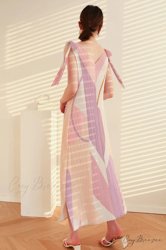 Pleated Tie-Shoulder Print Dress
