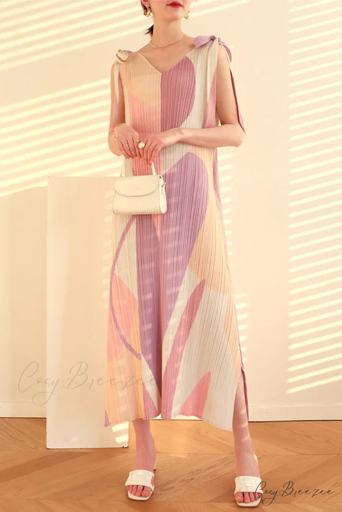 Pleated Tie-Shoulder Print Dress