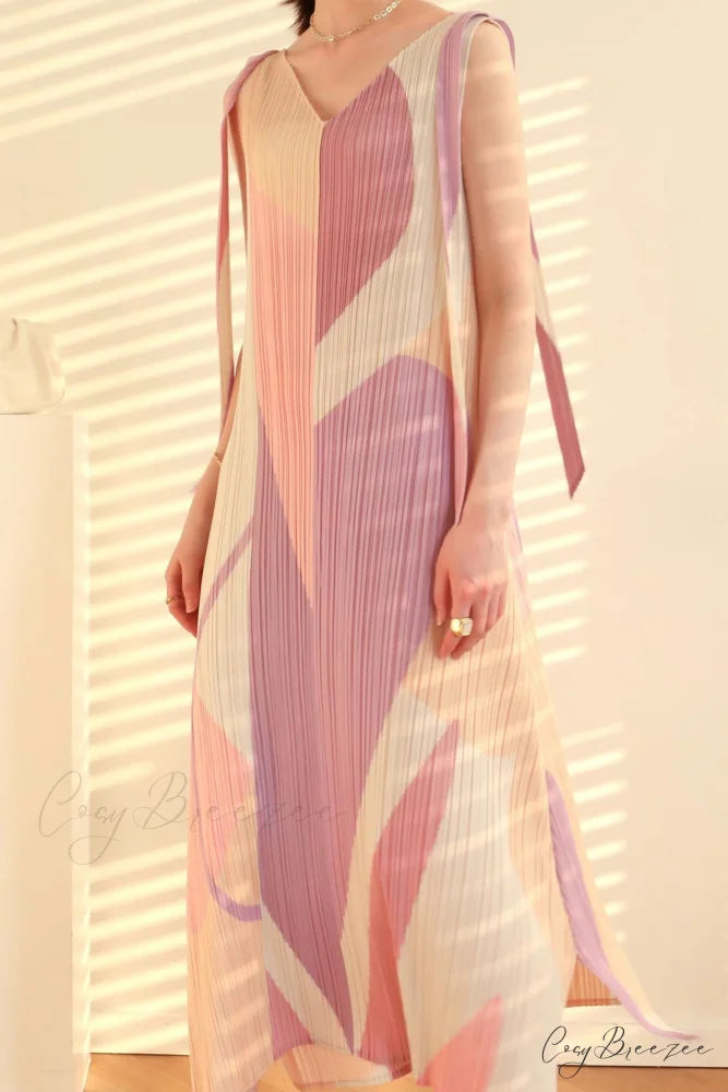 Pleated Tie-Shoulder Print Dress Pink / One Size