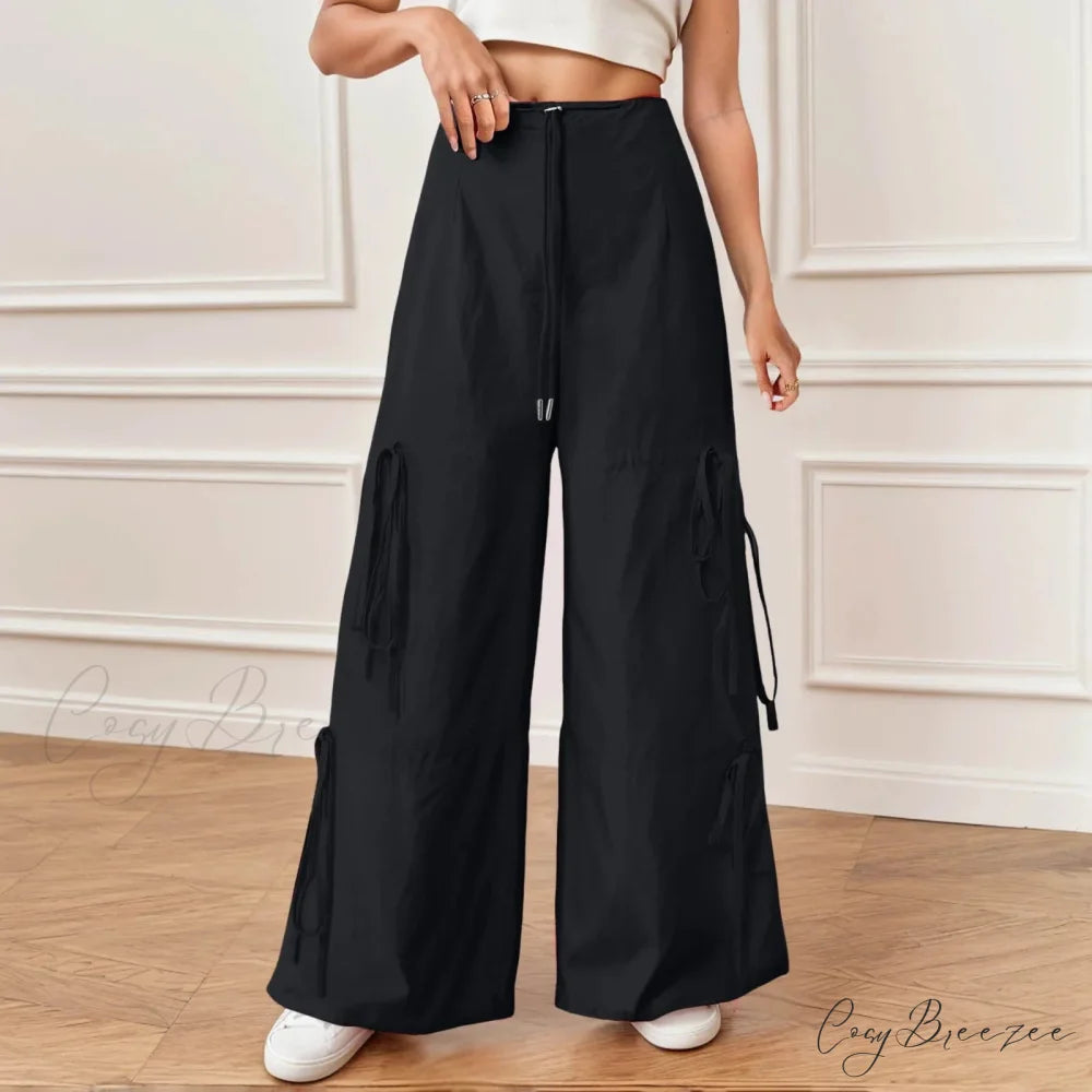 Pleated Wide Leg Sports Bow Tie Pants Black / S pants-241228