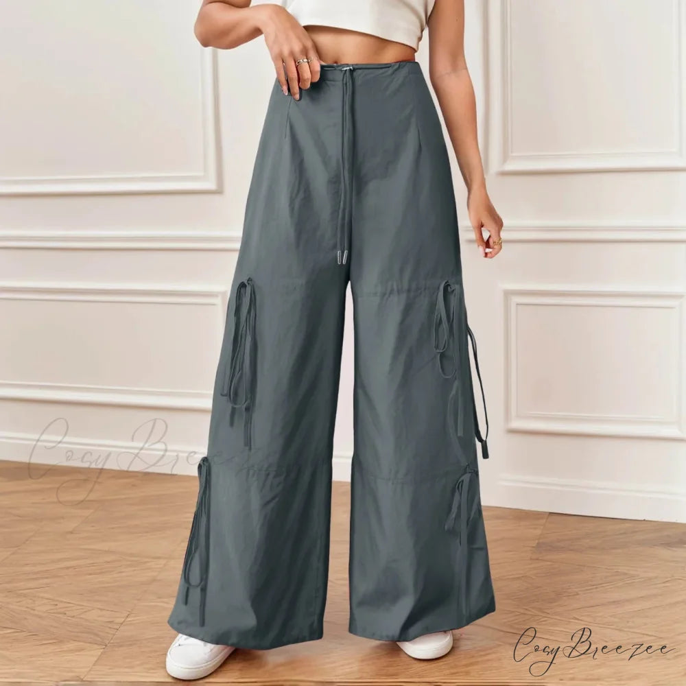 Pleated Wide Leg Sports Bow Tie Pants Grey / S pants-241228