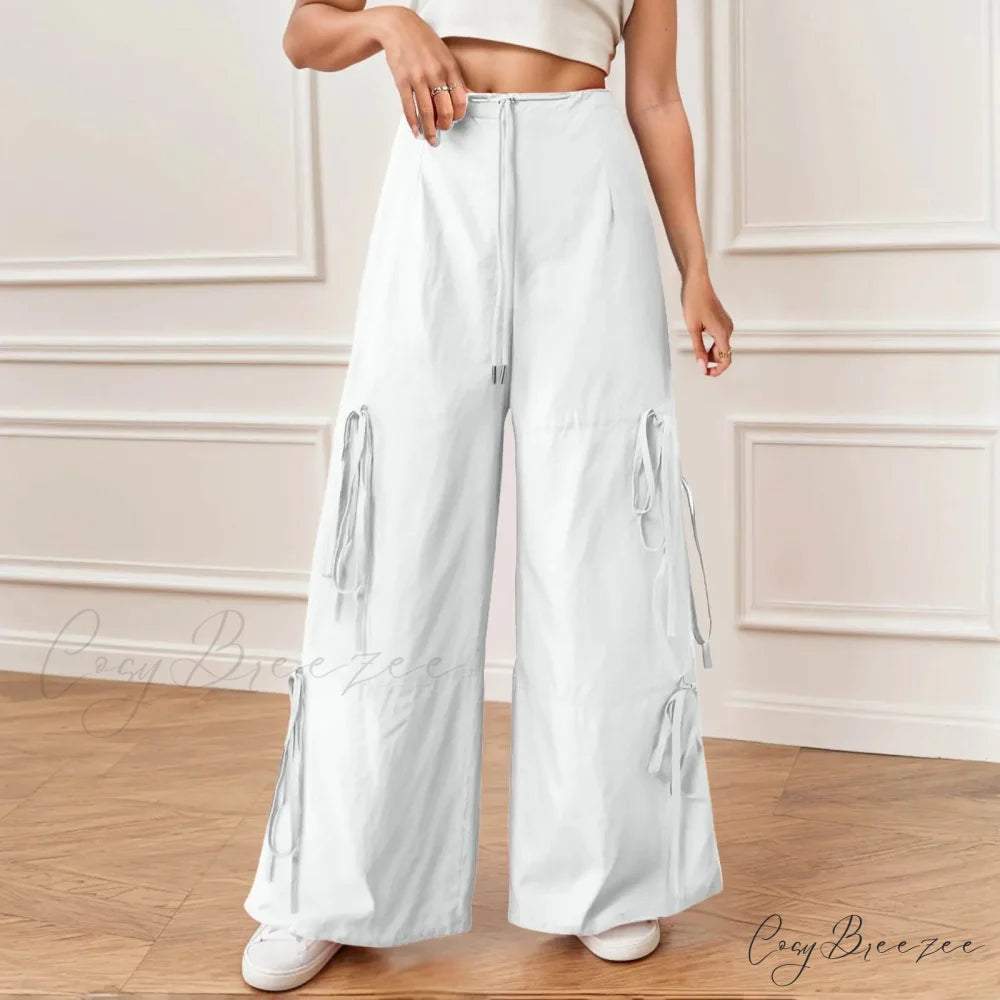 Pleated Wide Leg Sports Bow Tie Pants White / S pants-241228