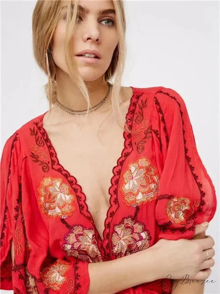 Plus Size Button Up Chiffon Holiday Boho Dress Red / S bohodress-250126