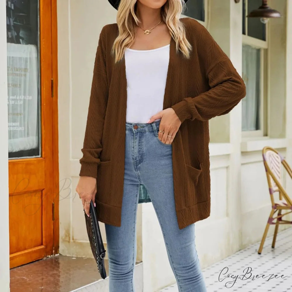 Plus Size Open Front Chunky Knit Cardigan Brown / S