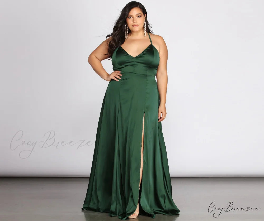 Plus Vera Satin Charming Lace Up Formal Dress HUNTER / 1X