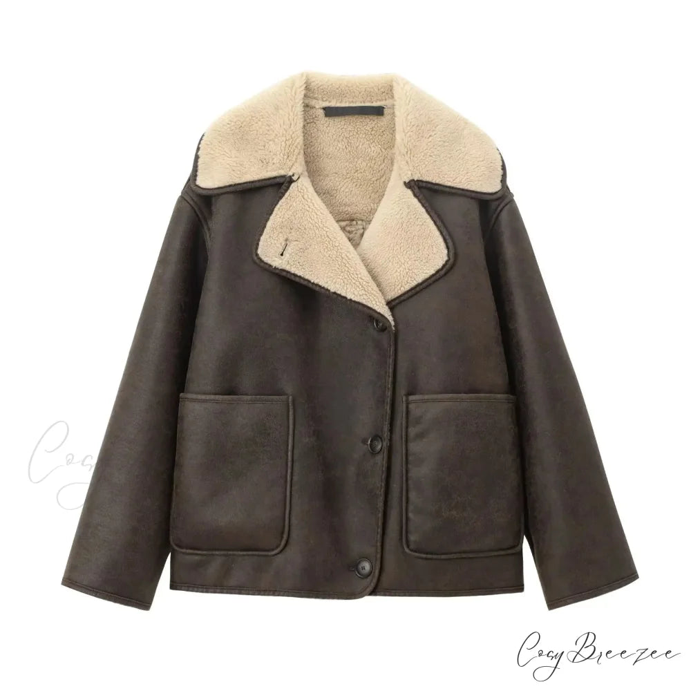 Plush Faux Leather Single-Breasted Coat Brown / XS overcoats-241228