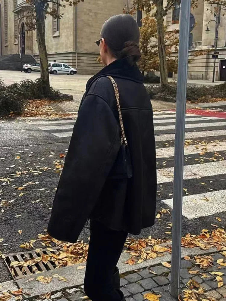 Plush Faux Leather Single-Breasted Coat overcoats-241228