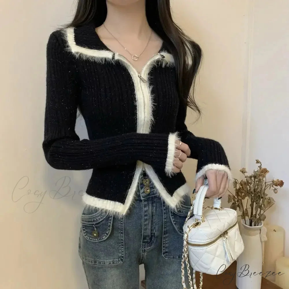 Plush Knitted Slim-fit Zipper Cardigan Black / S