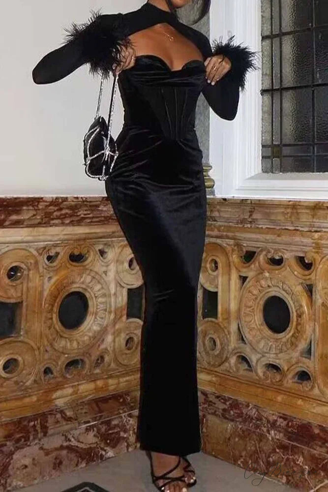 Plush Mesh Patchwork Corset Midi Dress with Hollow Detail Black / S