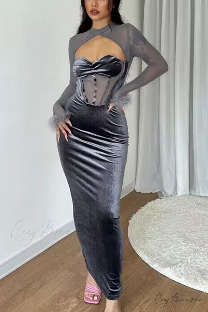 Plush Mesh Patchwork Corset Midi Dress with Hollow Detail Grey / S