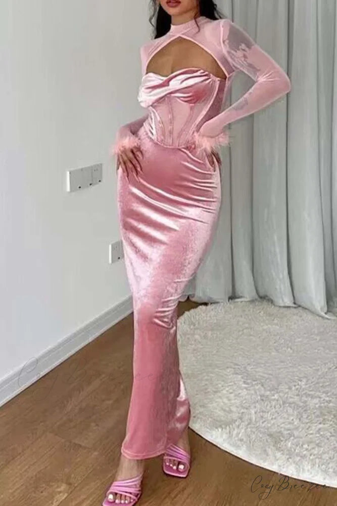 Plush Mesh Patchwork Corset Midi Dress with Hollow Detail Pink / L