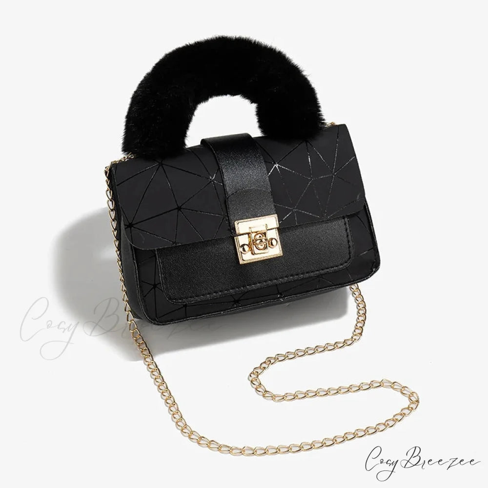 Plush Small Square Printed Messenger Bag Black handbag-250126