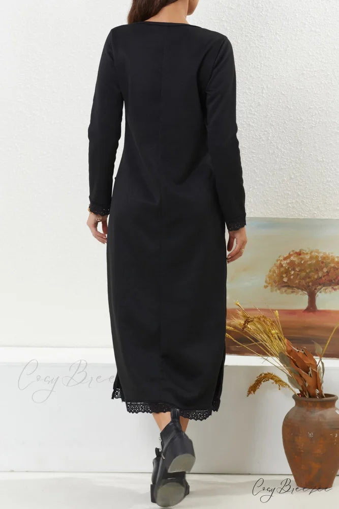 Pocketed Lacework Hem Dress Black / 4XL