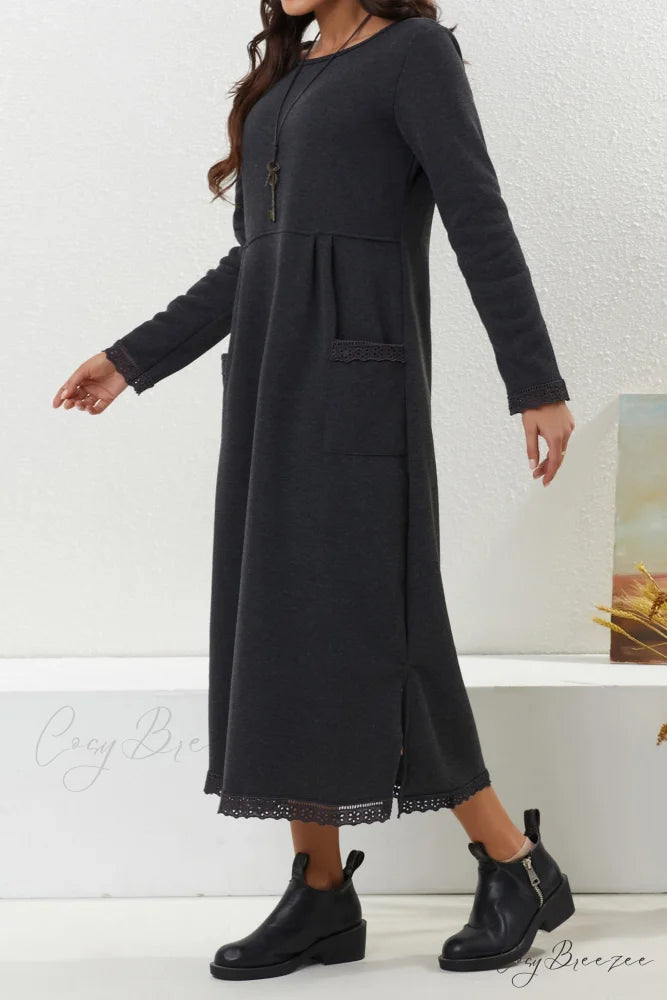Pocketed Lacework Hem Dress Dark Grey / 4XL
