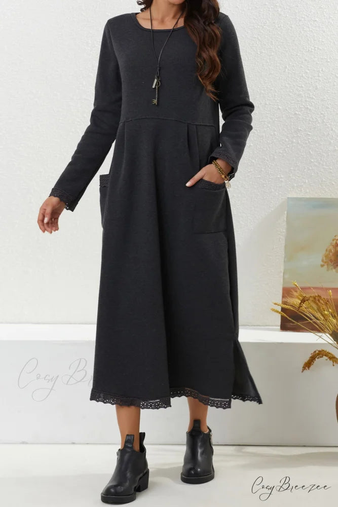 Pocketed Lacework Hem Dress Dark Grey / L