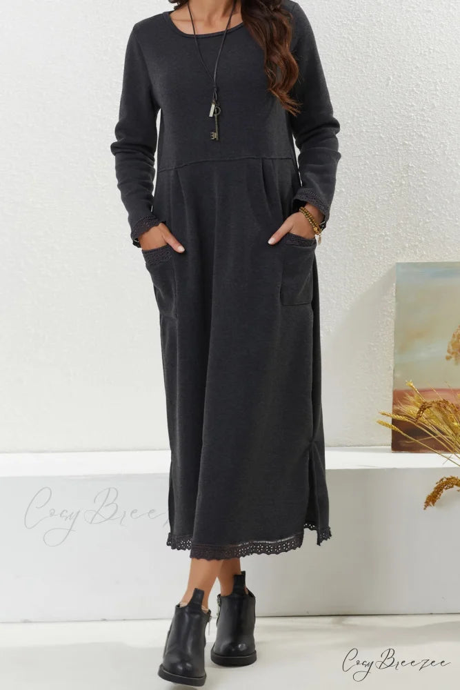 Pocketed Lacework Hem Dress Dark Grey / S