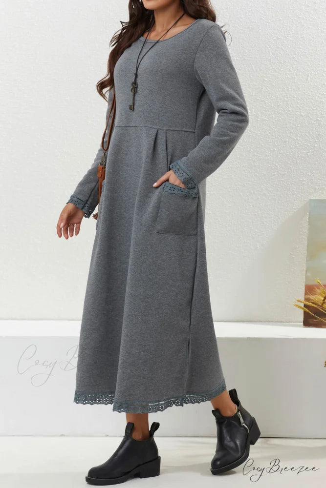 Pocketed Lacework Hem Dress Light Grey / 2XL