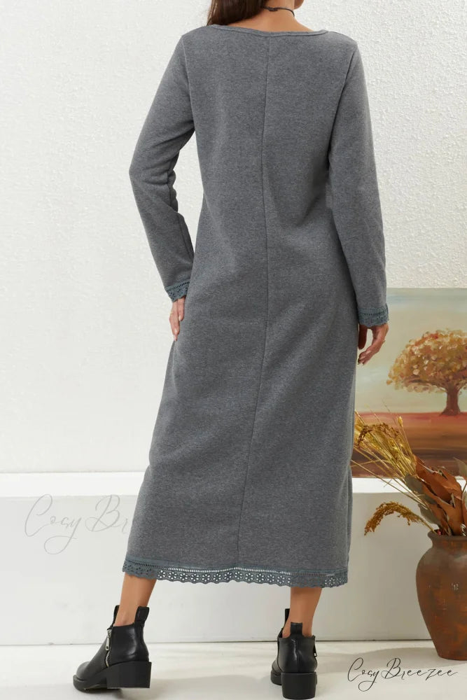 Pocketed Lacework Hem Dress Light Grey / 4XL