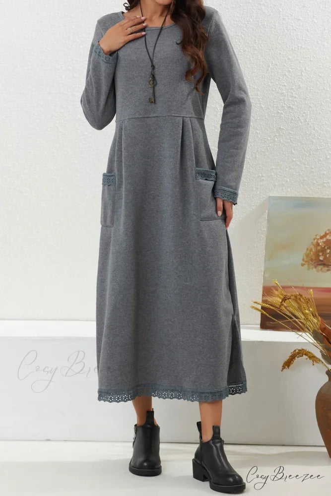 Pocketed Lacework Hem Dress Light Grey / L