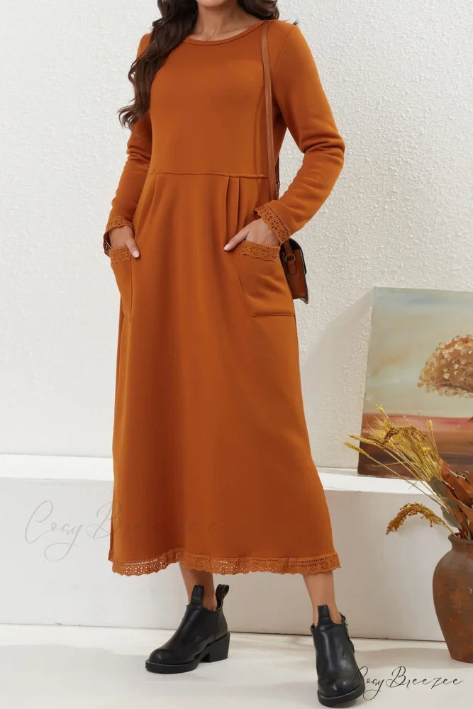 Pocketed Lacework Hem Dress Orange / S