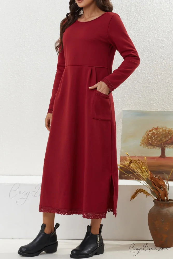 Pocketed Lacework Hem Dress Red / 2XL