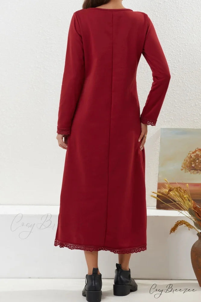 Pocketed Lacework Hem Dress Red / 4XL