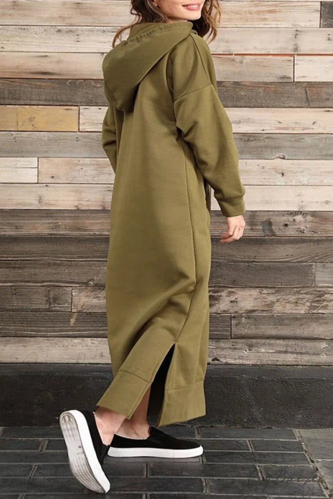 Pocketed Slit Hem Hoodie Dress Army Green / 2XL